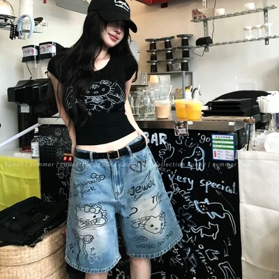 美式复古烫钻印花牛仔短裤女夏季