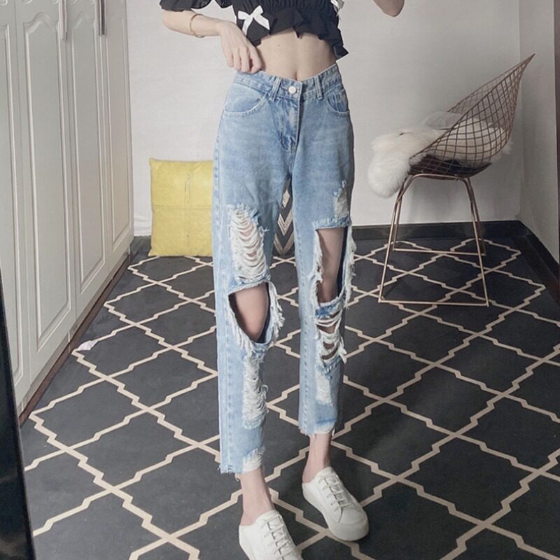 个性破洞牛仔裤夏季九分小直筒裤