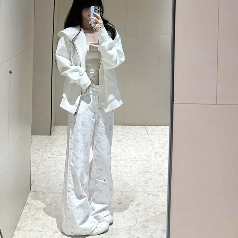 小碎花白色牛仔裤女春夏季长裤子