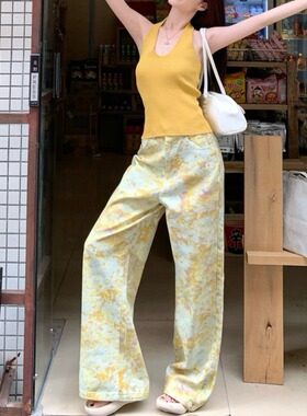 复古高街金黄色牛仔裤女夏季薄款2025新款高腰显瘦宽松直筒阔腿裤