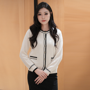 GTS新疆天山羊绒纯山羊绒小香风针织开衫短款圆领外套黑白