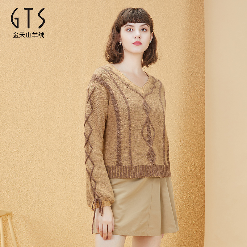 gts新疆天山羊毛毛衣v领套头2022秋冬新款针织羊毛衫通勤百搭小个