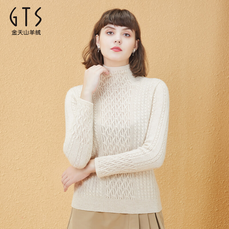 新疆天山羊绒秋冬新款企领女套衫纯羊绒衫纯色百搭毛衣100%山羊绒