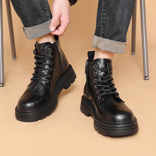 高帮鞋男真皮男鞋男士马丁靴男潮流新款棉鞋男款冬季加绒黑色皮靴