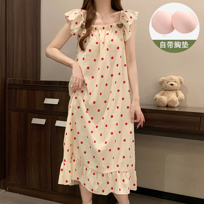 带胸垫一体式吊带睡裙女款夏季云朵棉2025年新款波点睡衣女士夏天
