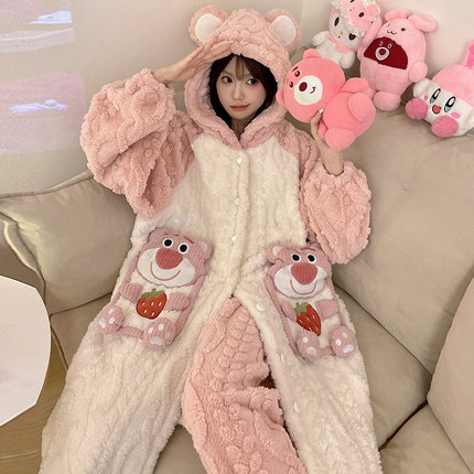 珊瑚绒睡袍女款冬季2024新款加绒加厚麦穗绒粉熊秋冬款睡衣家居服