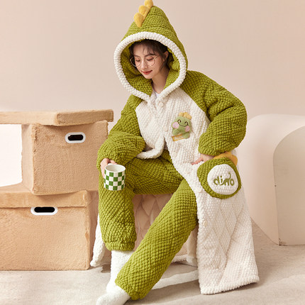 三层夹棉珊瑚绒睡衣女款秋冬季加绒加厚长款睡袍法兰绒保暖家居服