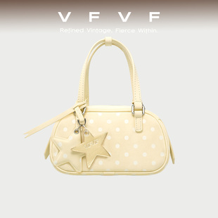 VFVF黄色波点波士顿包手提包波点包单肩斜挎通勤包小手拎包植鞣纹