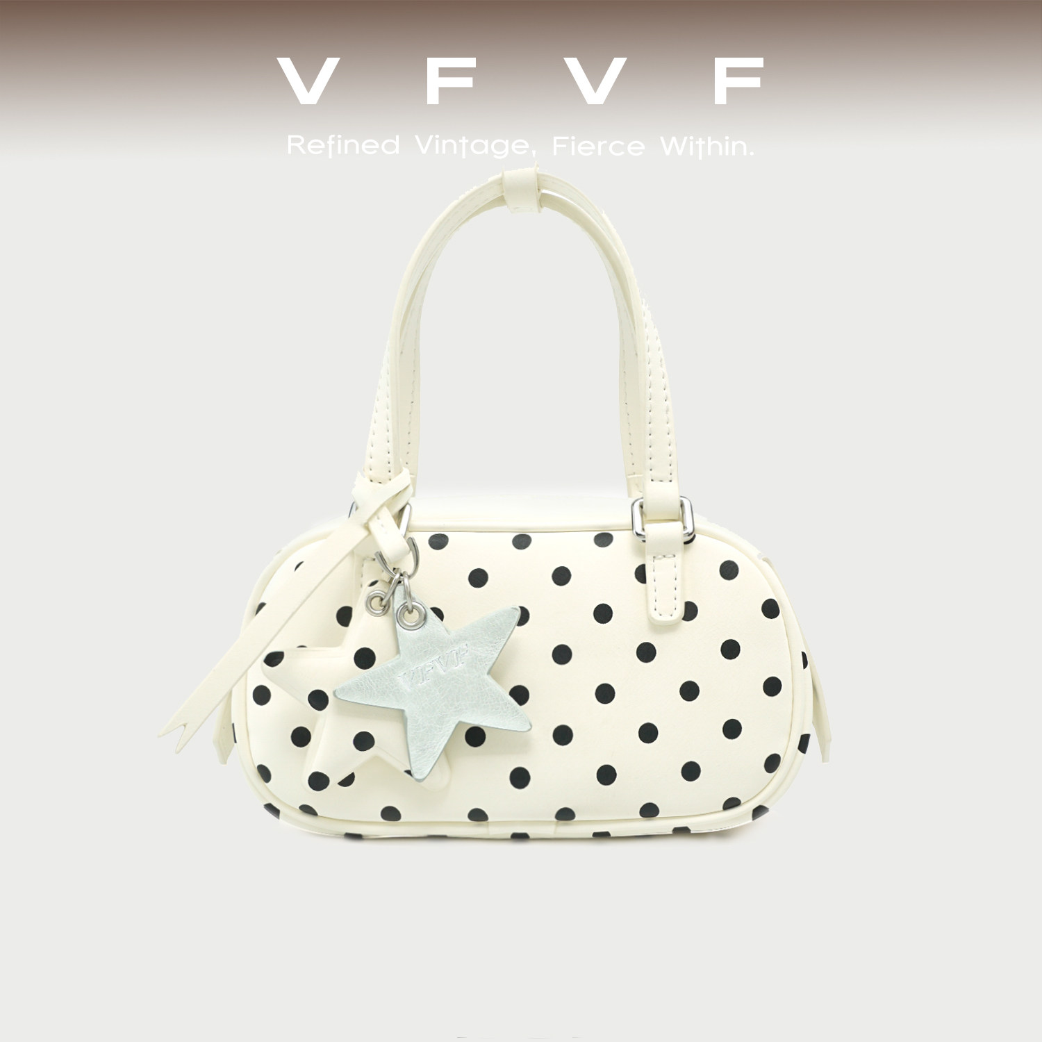 VFVF白色波士顿包手提包波点包单肩斜挎上班通勤包小手拎包植鞣
