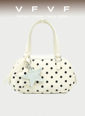 VFVF白色波点波士顿包手提包波点包单肩斜挎通勤包小手拎包植鞣纹
