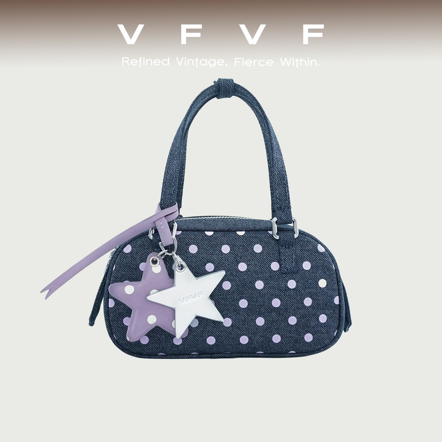 VFVF牛仔蓝色波士顿包手提包波点包单肩斜挎包上班通勤包小手拎包