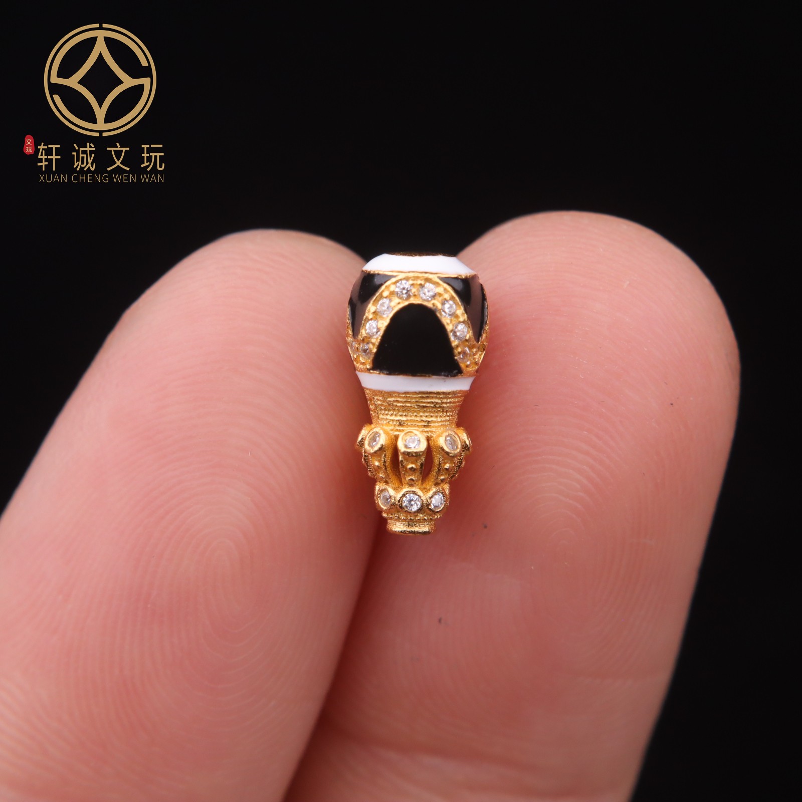 6.4MM黑白太极彩绘三通S925银镀金天然佛头桶珠DIY配手串饰配件