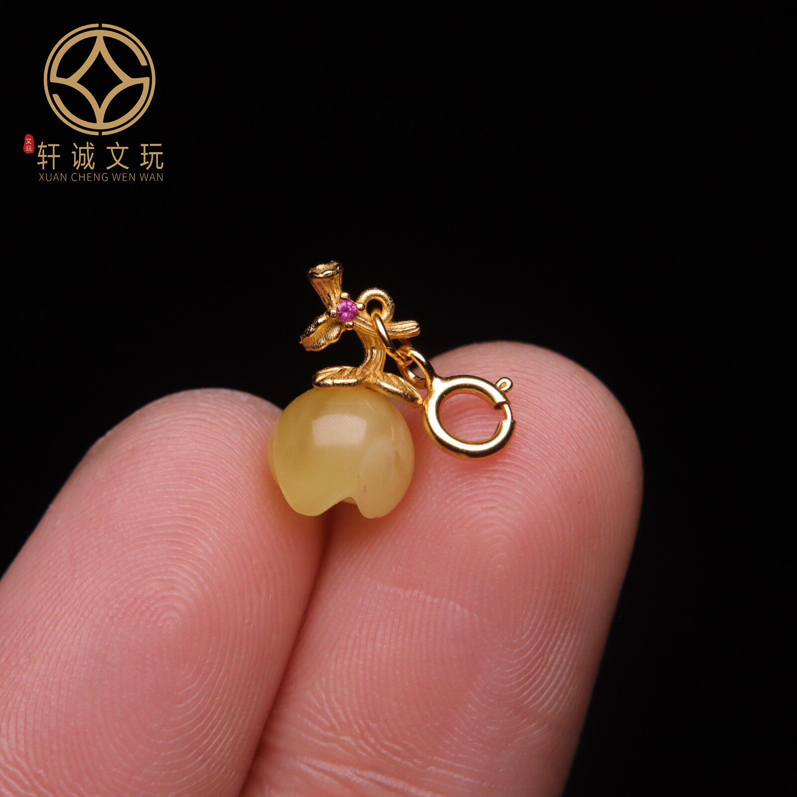 原创足银925银镀金蜜蜡莲花吊坠侧挂卡子隔珠手串串珠diy文玩配饰