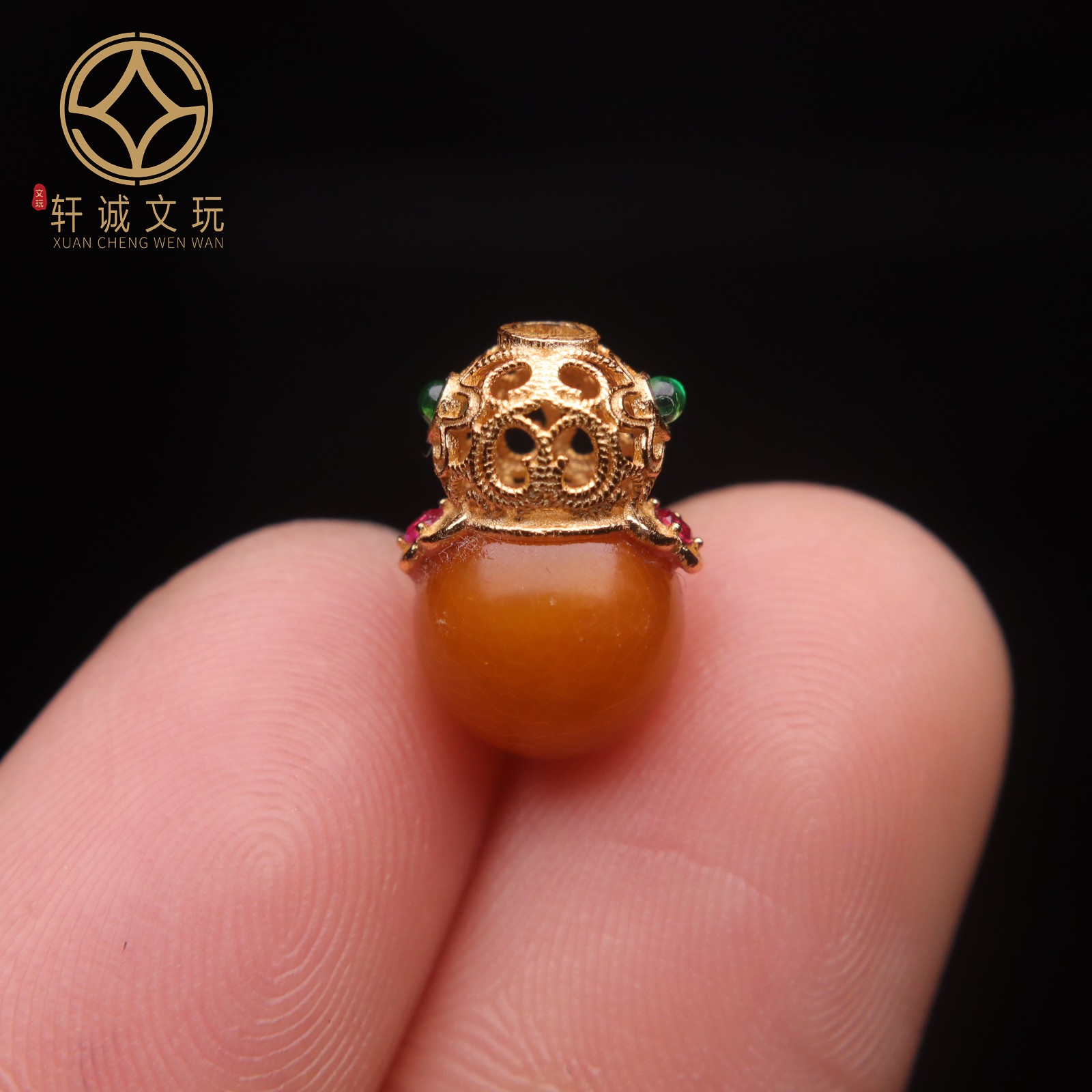 原创银镀金镶嵌天然琥珀蜜蜡葫芦桶珠散珠手串diy文玩配件配饰