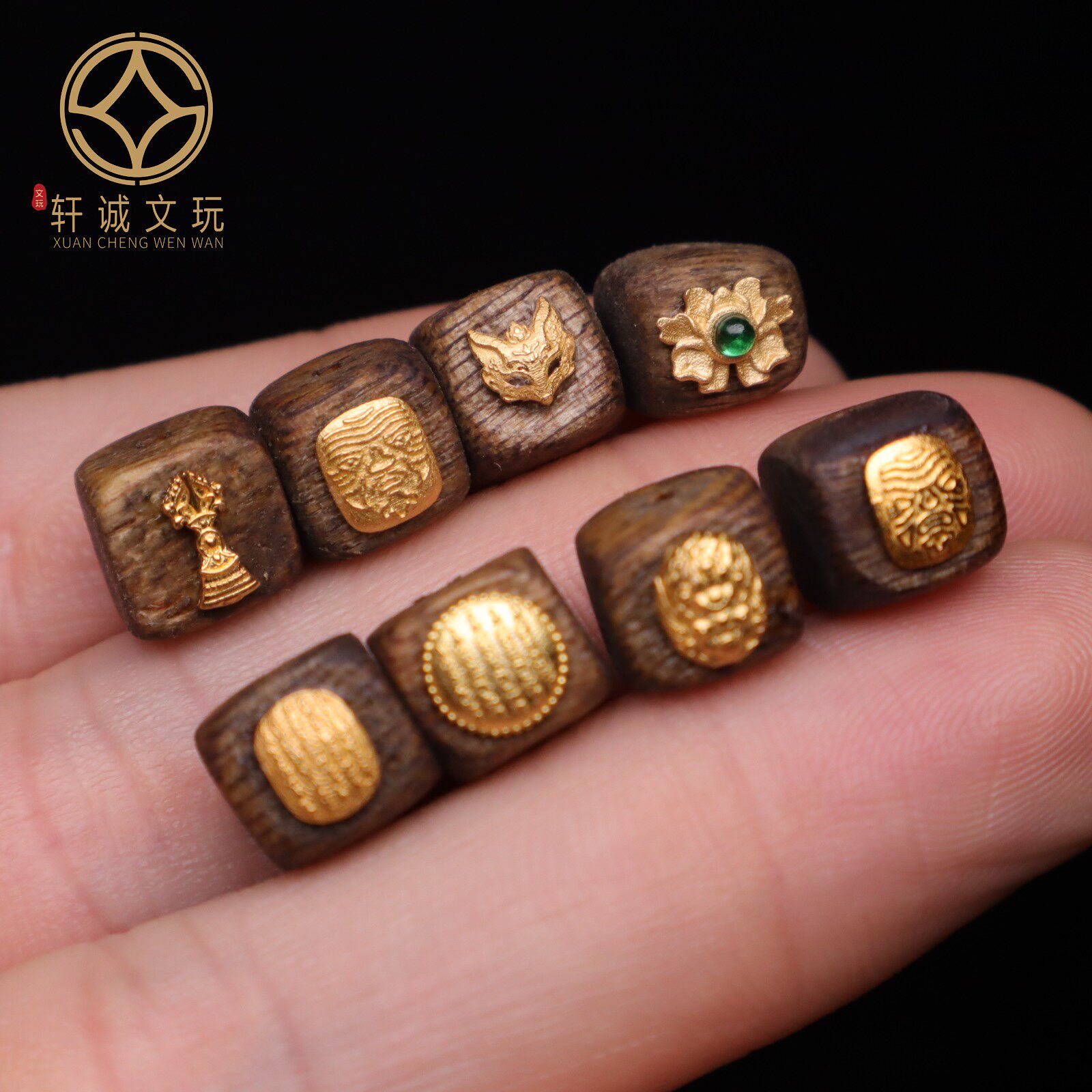 原创S925银镀金天然沉香扎基拉姆大黑天五条经文方糖桶珠DIY散珠图片