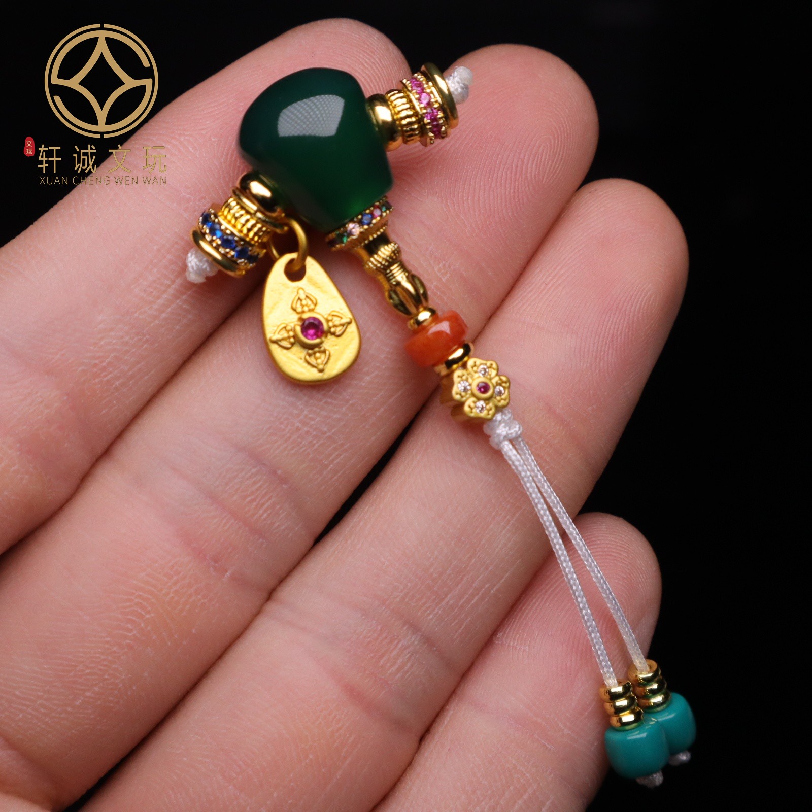 天然雪巴绿琉璃古法金三通套装组合佛头金刚菩提108长串配饰配件