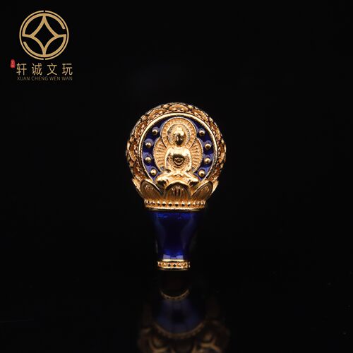 原创925银镀金蓝色大漆无相佛三通佛头手串长串diy文玩手链配珠饰