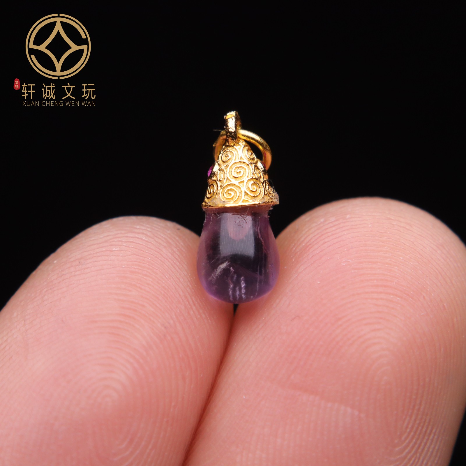 原创S925银镀金镶嵌紫水晶水滴挂件手串手链diy文玩配珠配饰吊坠