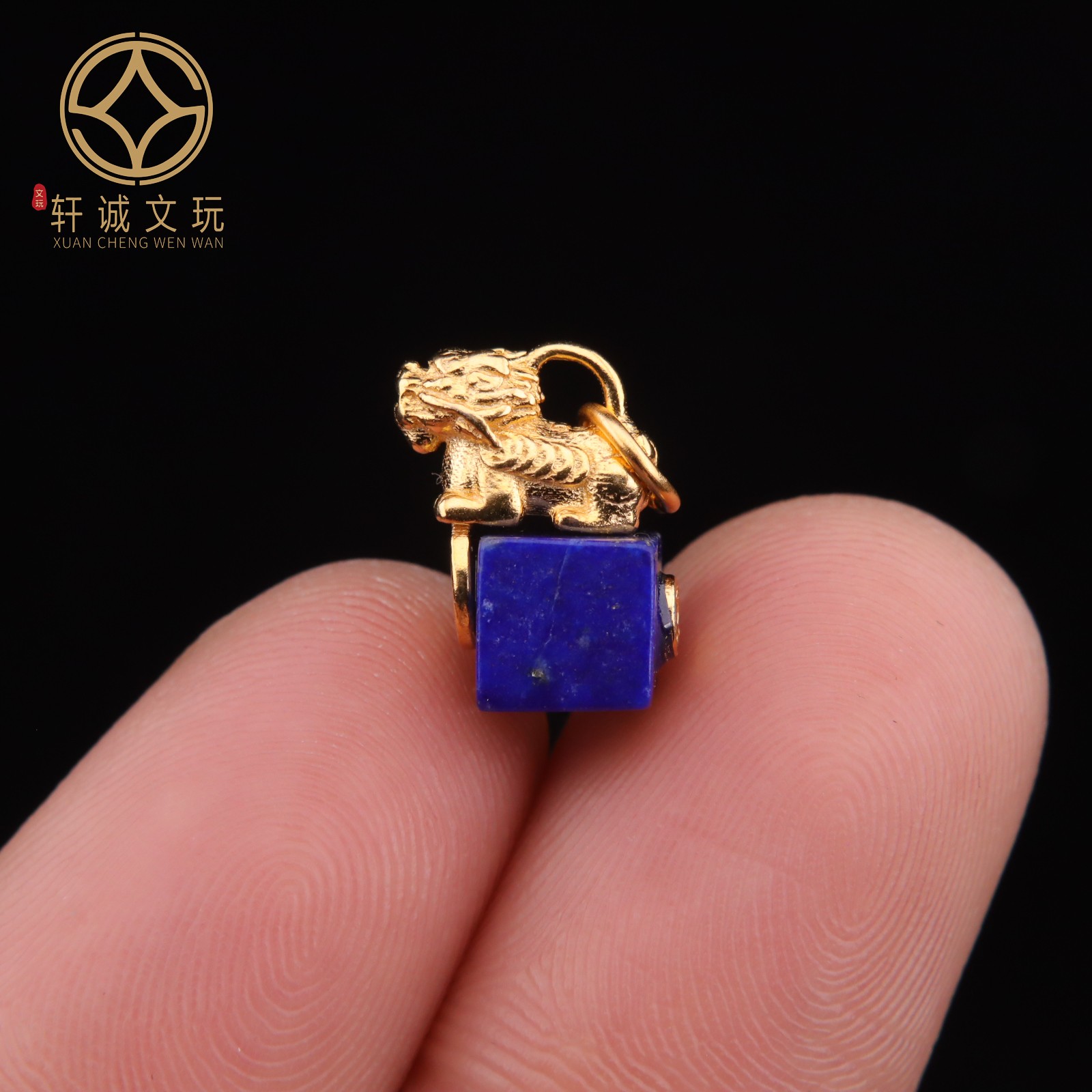 原创s925古法银镀金配件镶嵌天然青金石貔貅方糖四不隔珠腰珠吊坠