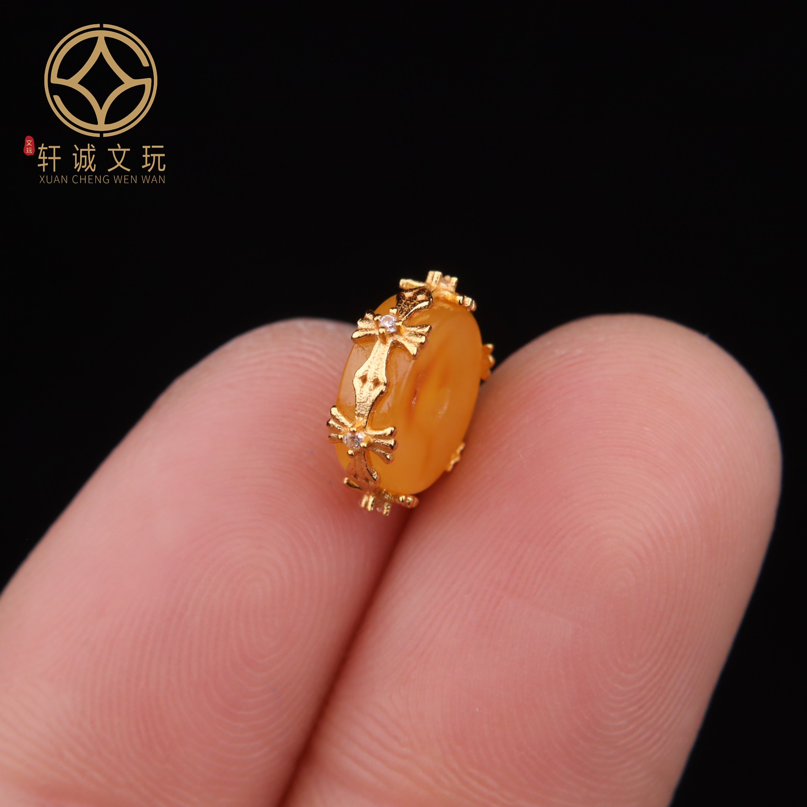 原创足银925银镀金蜜蜡黄蜜克罗心镶钻隔片手串diy文玩配珠配饰