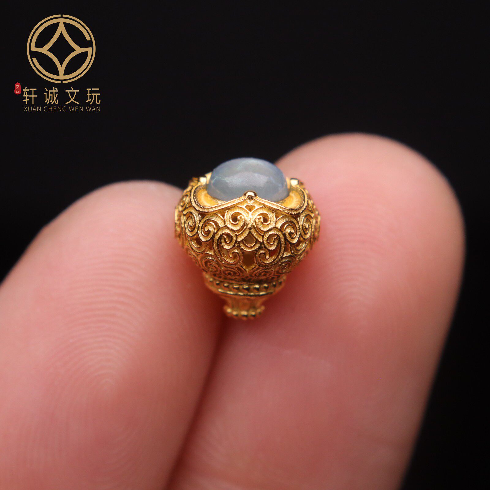原创925银镀金镂空莲花灰月光石三通佛头手串长串diy文玩配珠饰