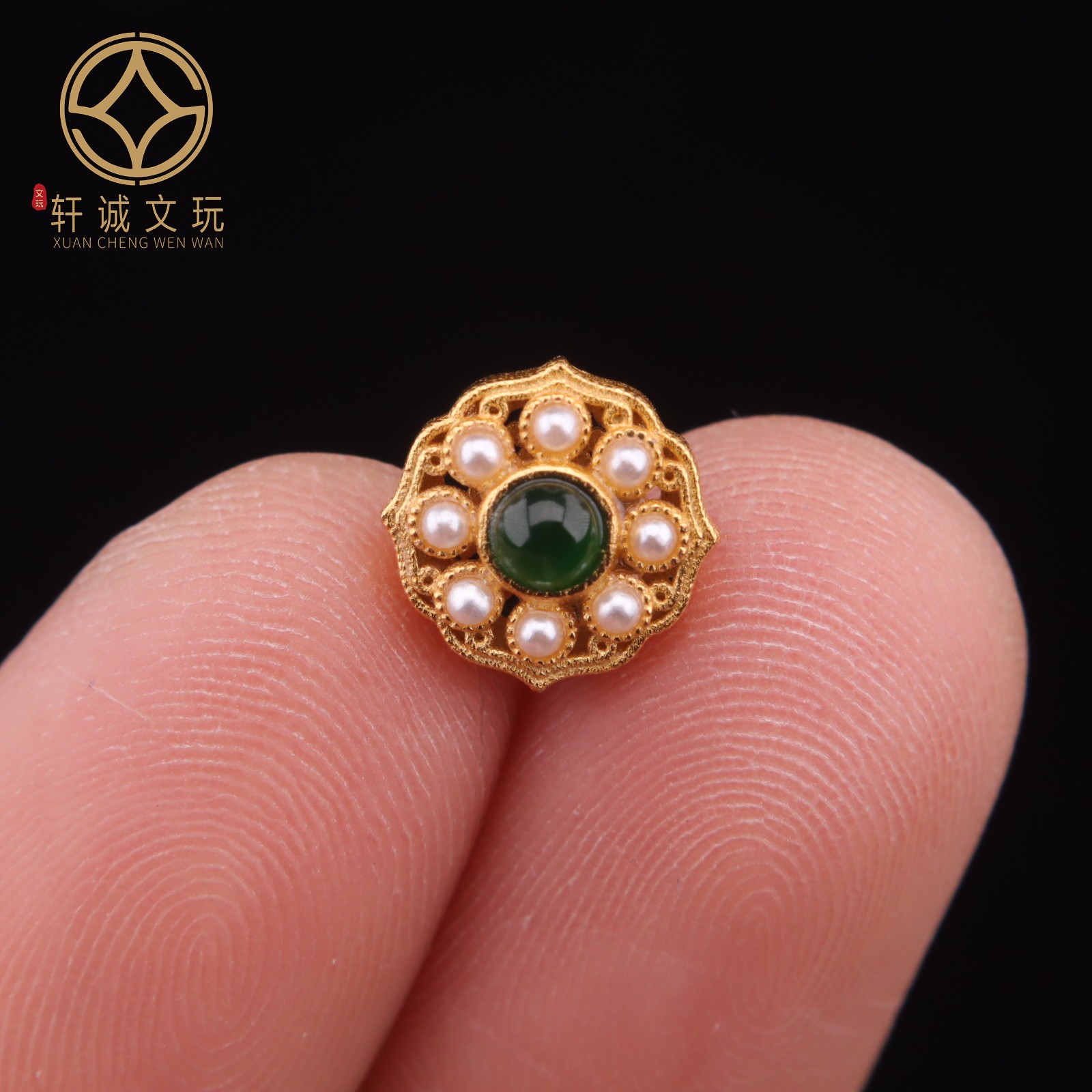 原创银镀金天然翡翠半圆珍珠背云镶嵌散珠手串手链diy文玩配饰件