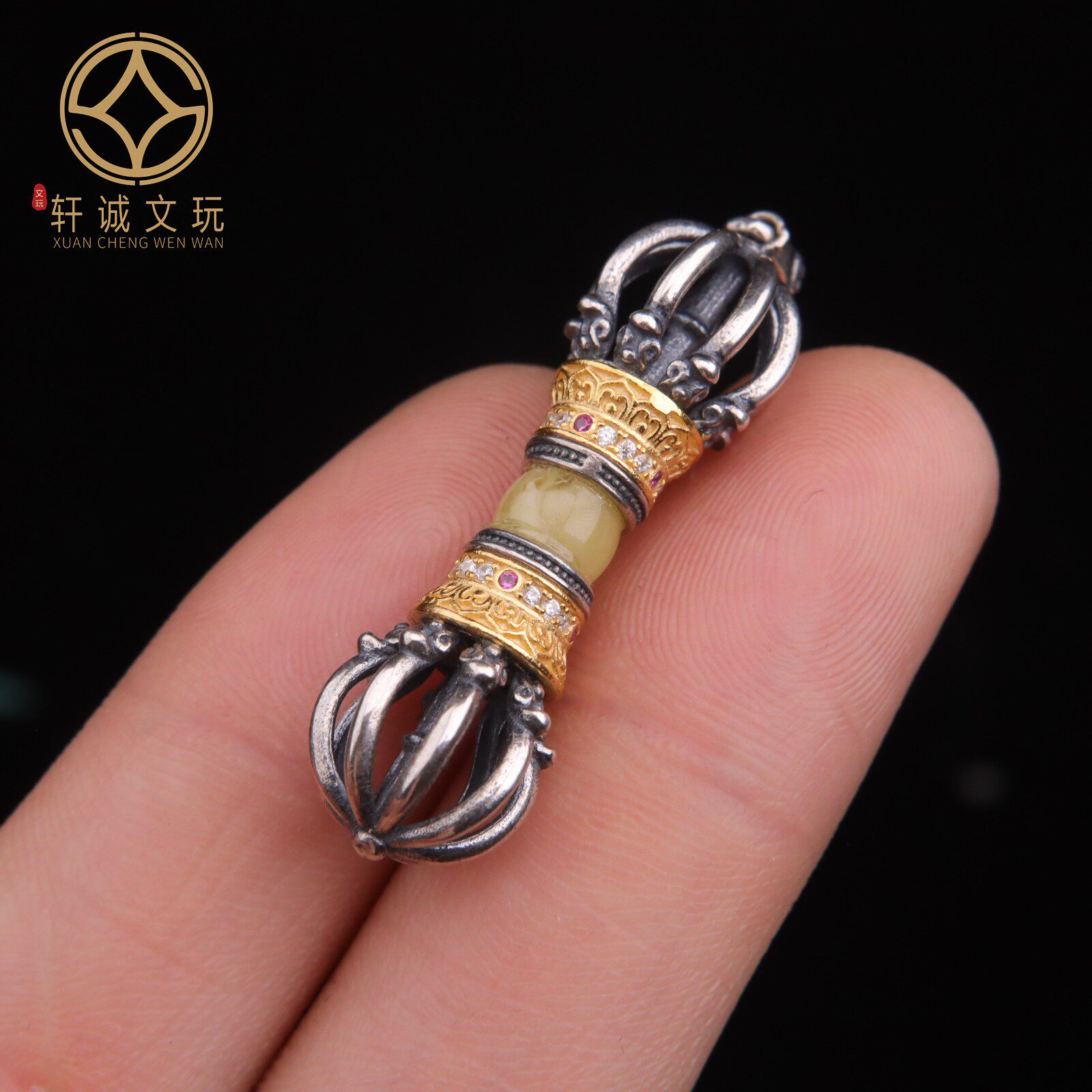 原创925银镀金镶嵌天然蜜蜡金刚杵天珠散珠DIY配饰吊坠文玩配件