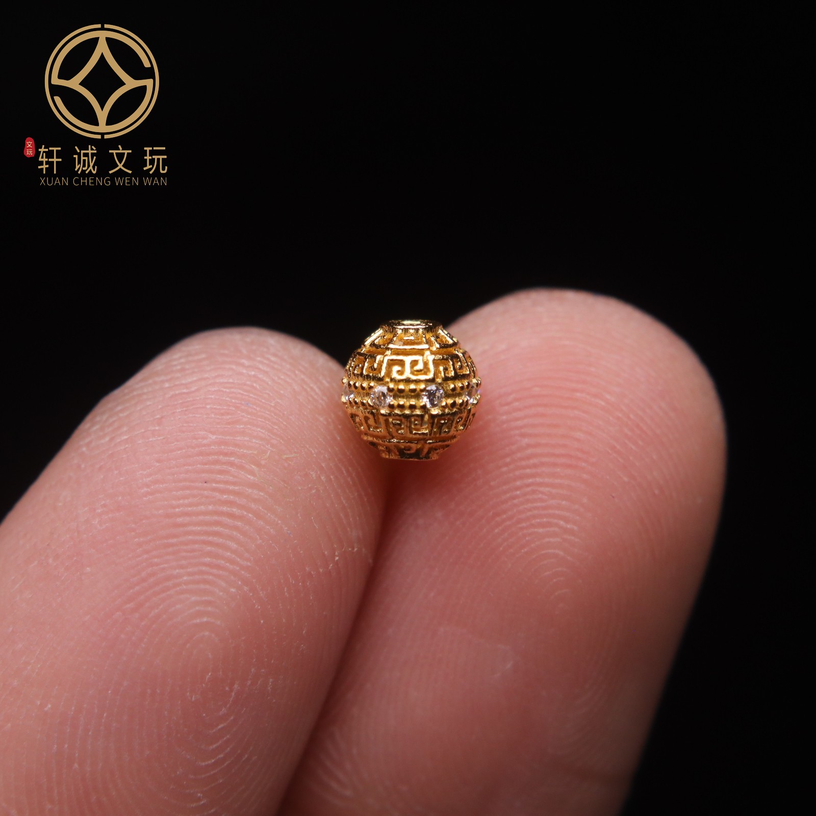 原创925银镀金回纹镶钻圆珠桶珠腰珠隔珠手工串珠编绳diy文玩配饰