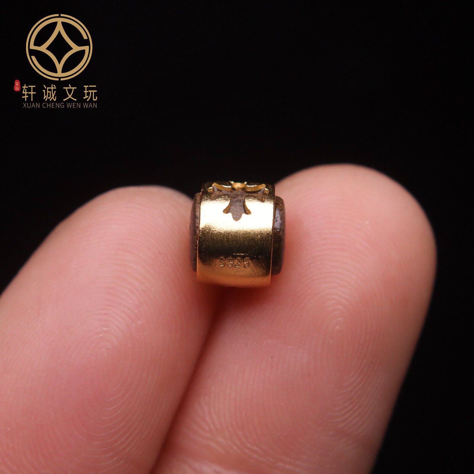 原创S925银镀金天然沉香木桶珠镶嵌四叶草老型桶珠散珠DIY配饰