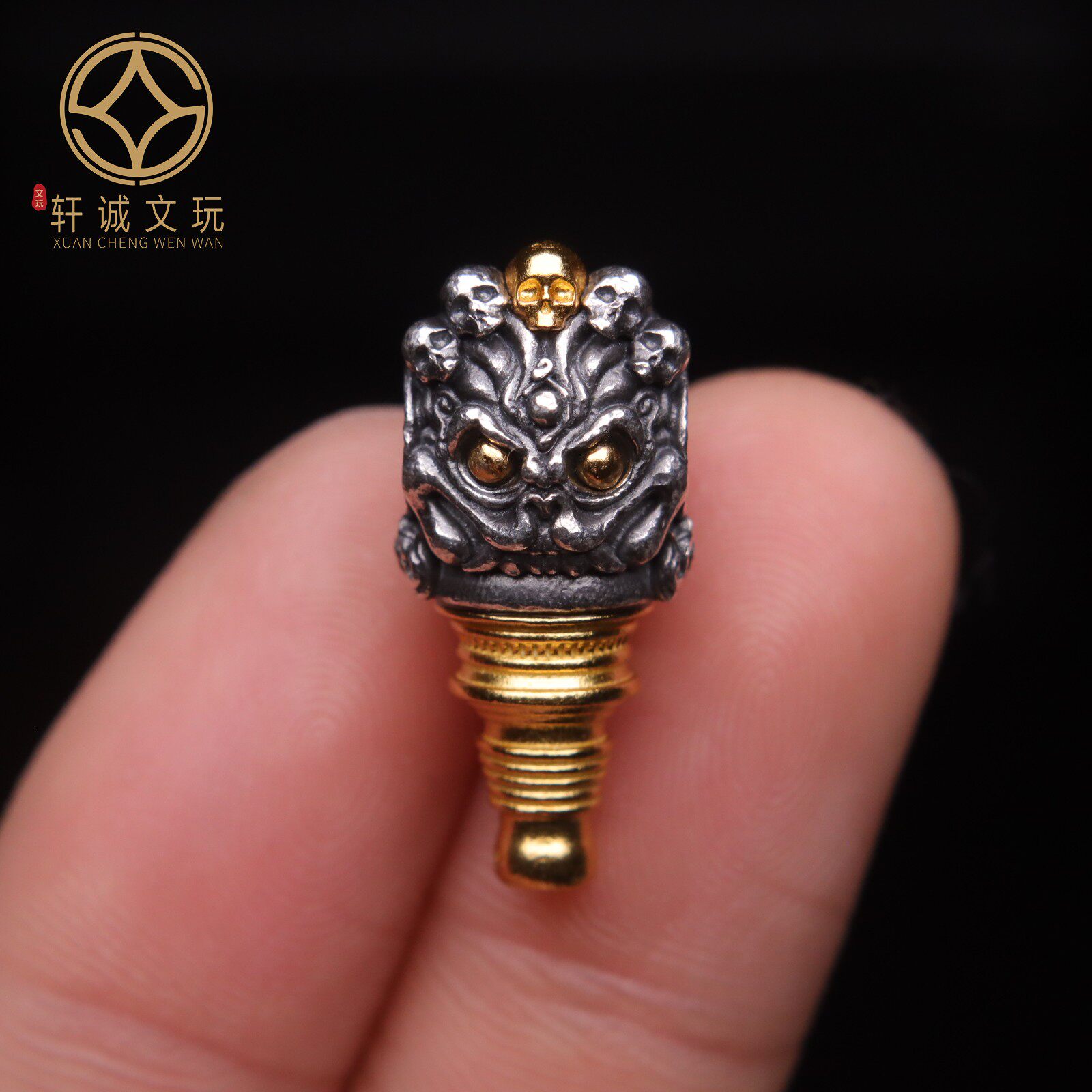 原创足银925镀金大黑天三通佛头金刚菩提手串长串手持diy配饰