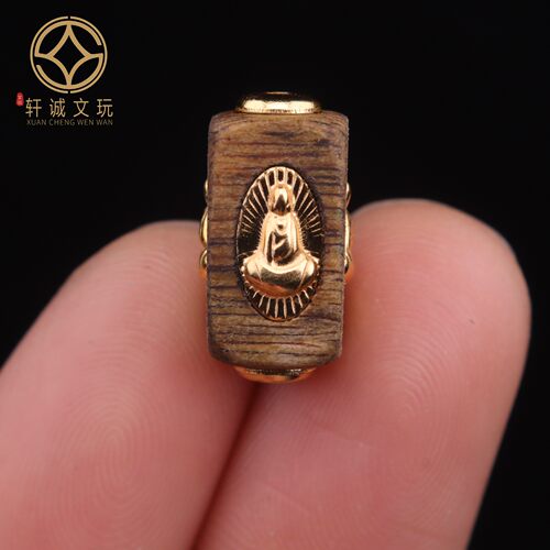 10MM无相佛沉香方桶珠S925银镀金天然檀木镶嵌珍珠散珠DIY配饰件