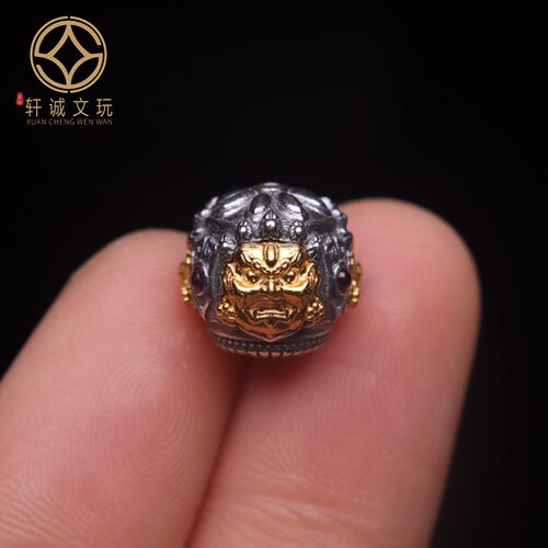 原创足银925银镀金大黑天黄财神顶腰珠隔珠手串串珠diy文玩配珠