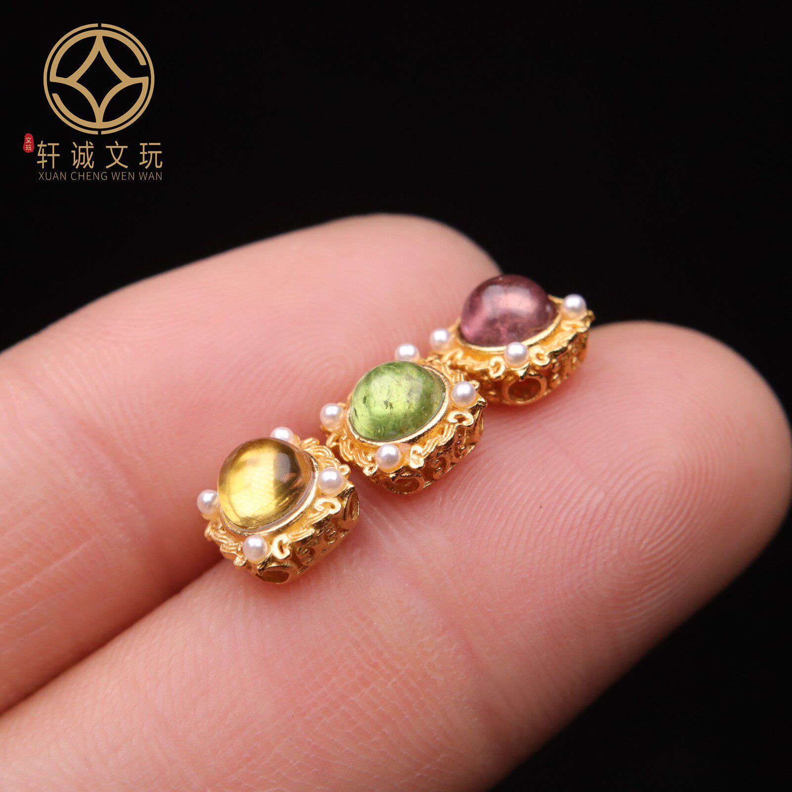 原创925银镀金碧玺方糖珍珠吊坠腰珠隔珠手工串珠diy文玩配饰配珠