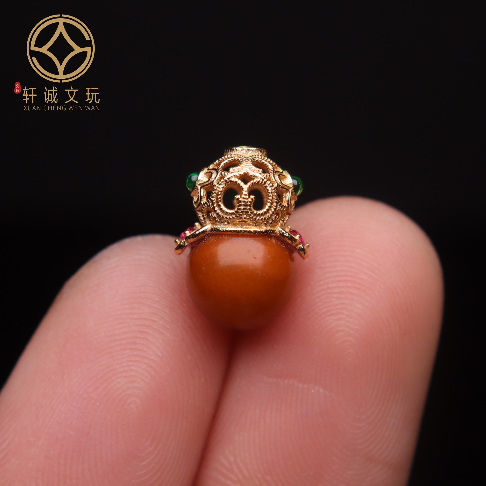 原创银镀金镶嵌天然琥珀蜜蜡葫芦桶珠散珠手串diy文玩配件配珠