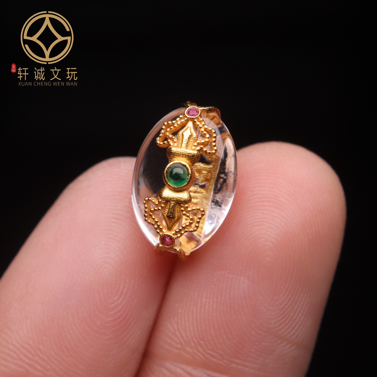古法金银镀金配件天然水晶镶嵌金刚杵六字真言散珠DIY文玩配饰