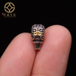 原创足银925镀金兽面三通佛头金刚菩提手串长串手持diy文玩配饰