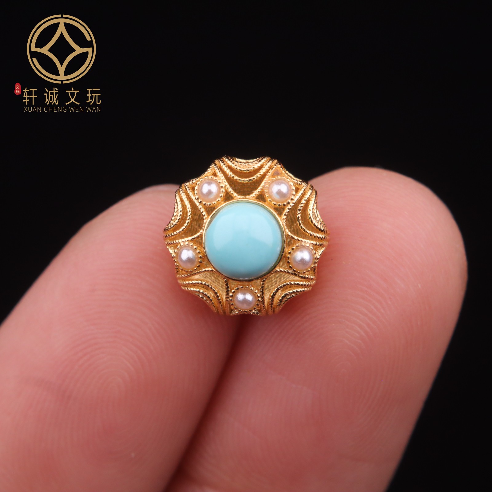 原创925银镀金桶珠镶嵌松石珍珠隔珠串珠diy文玩手串配饰配珠背云