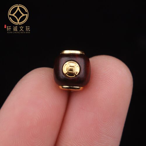 原创S925银镀金天然奇楠沉香木镶嵌铜钱老型桶珠散珠DIY配饰配件