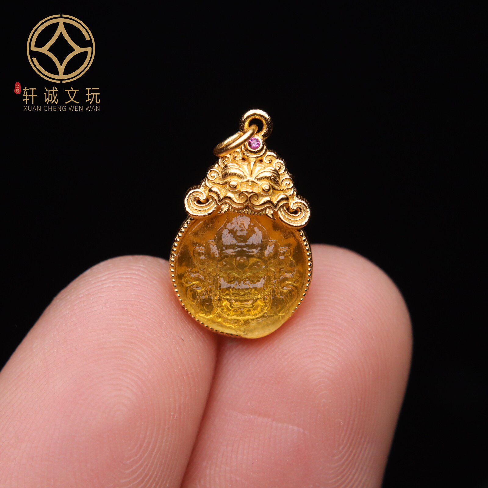 原创银镀金镶嵌天然琥珀金珀黄财神吊坠散珠手串diy文玩配件配饰