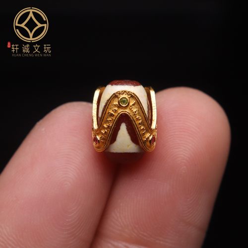 古法金原创银镀金镶嵌天然红天珠老型桶珠散珠DIY文玩配饰配件