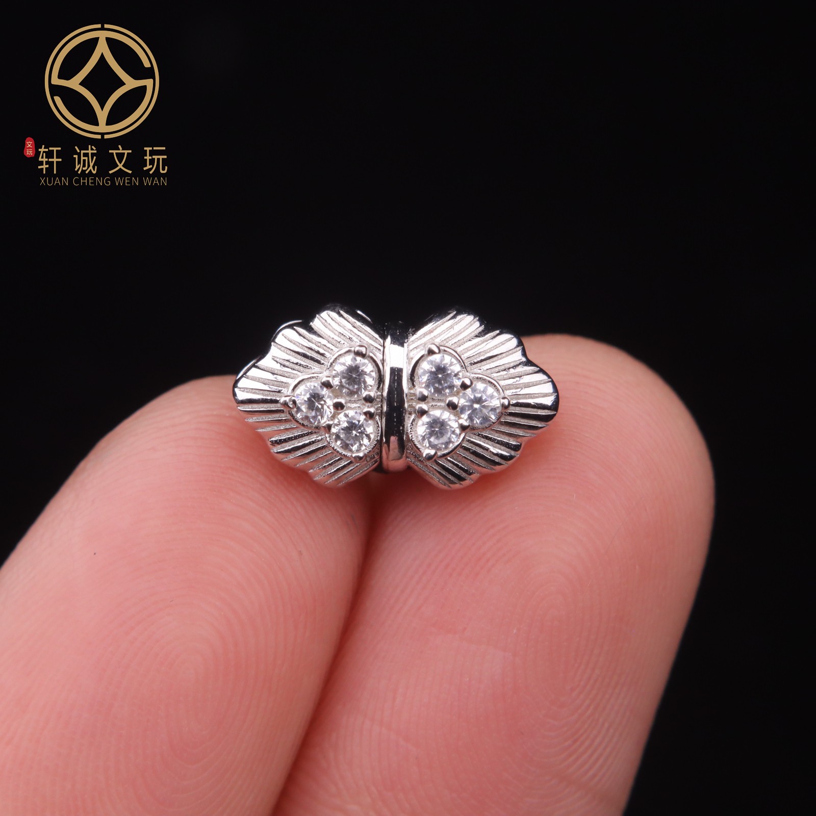 银镀金925蝴蝶结羽毛镶钻桶珠纯银饰文玩手串diy配饰108配珠配件