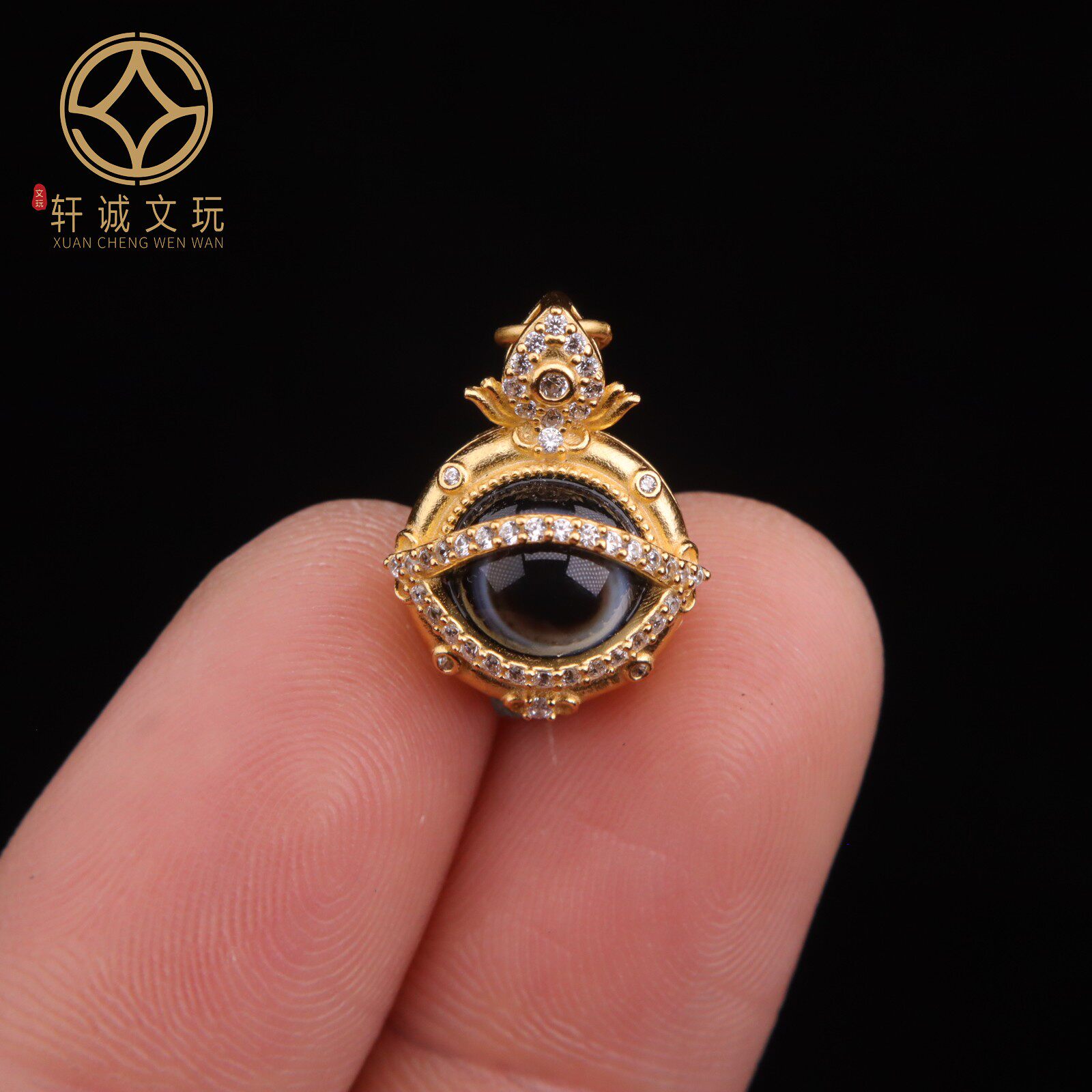 原创925银镀金镶嵌天然玛瑙法眼桶珠天珠散珠DIY配饰吊坠文玩配件