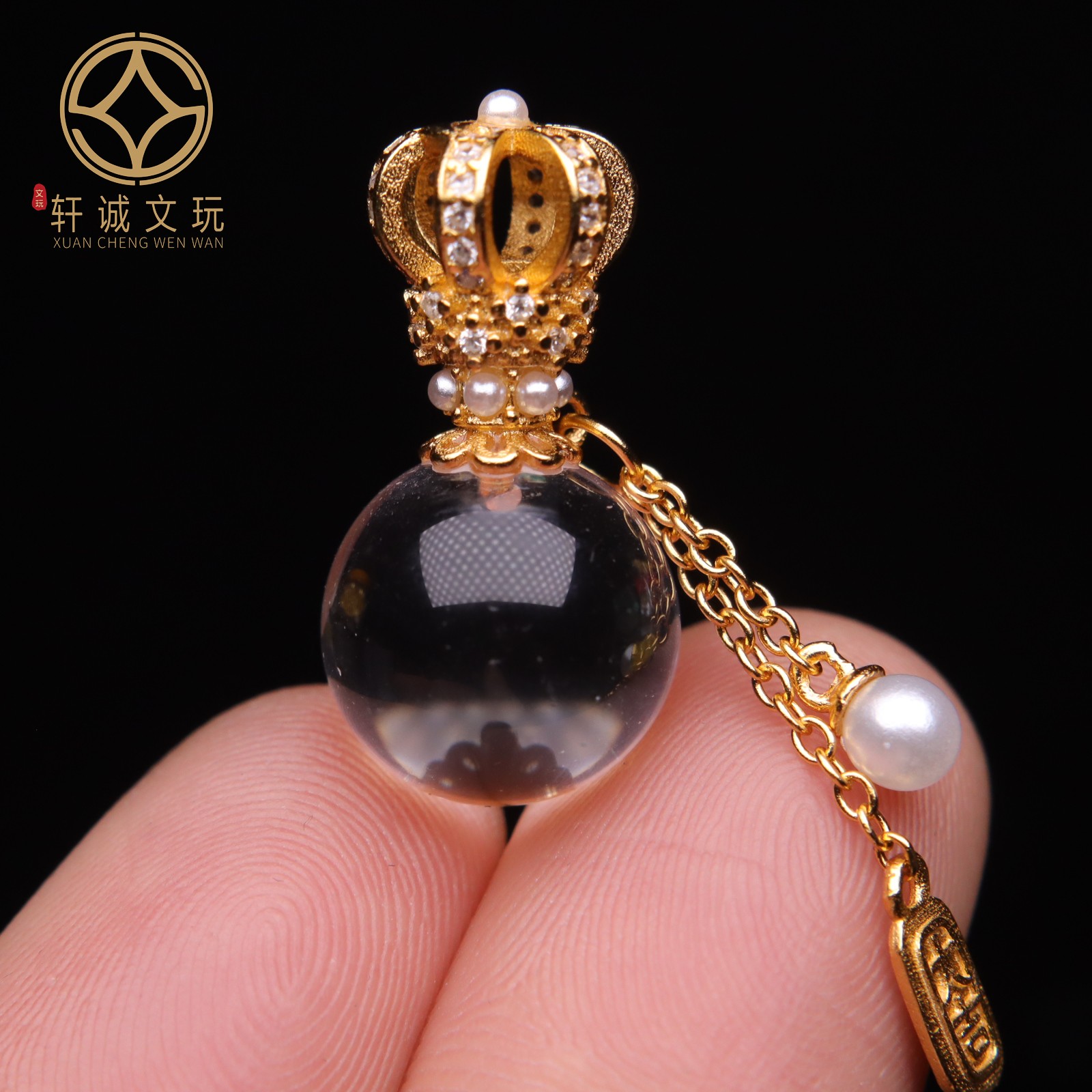 原创S925银镀金白水晶圆珠葫芦桶珠吊坠手串手链diy文玩配珠配饰