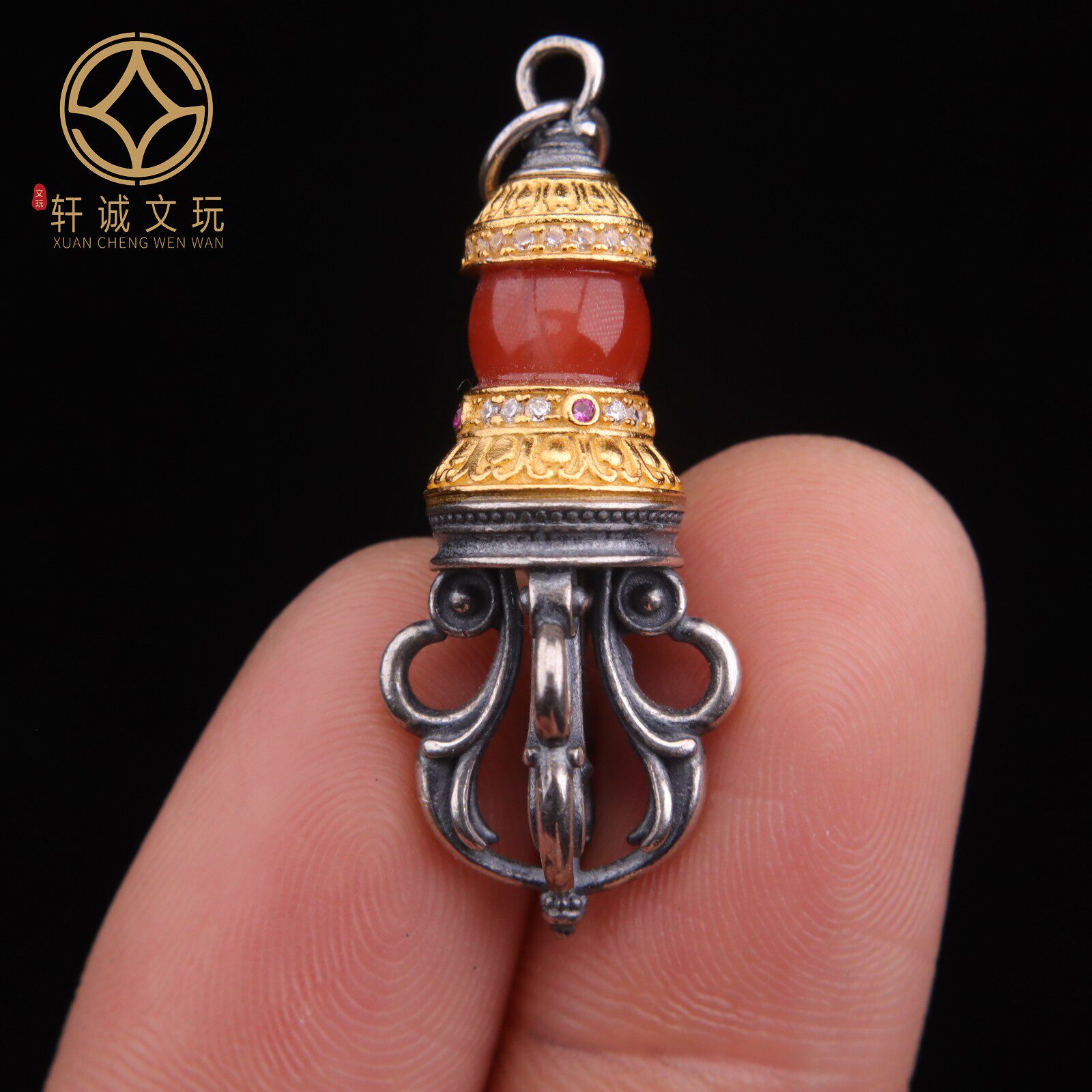 原创925银镀金镶嵌天然玛瑙南红桶珠天珠散珠DIY配饰吊坠文玩配件