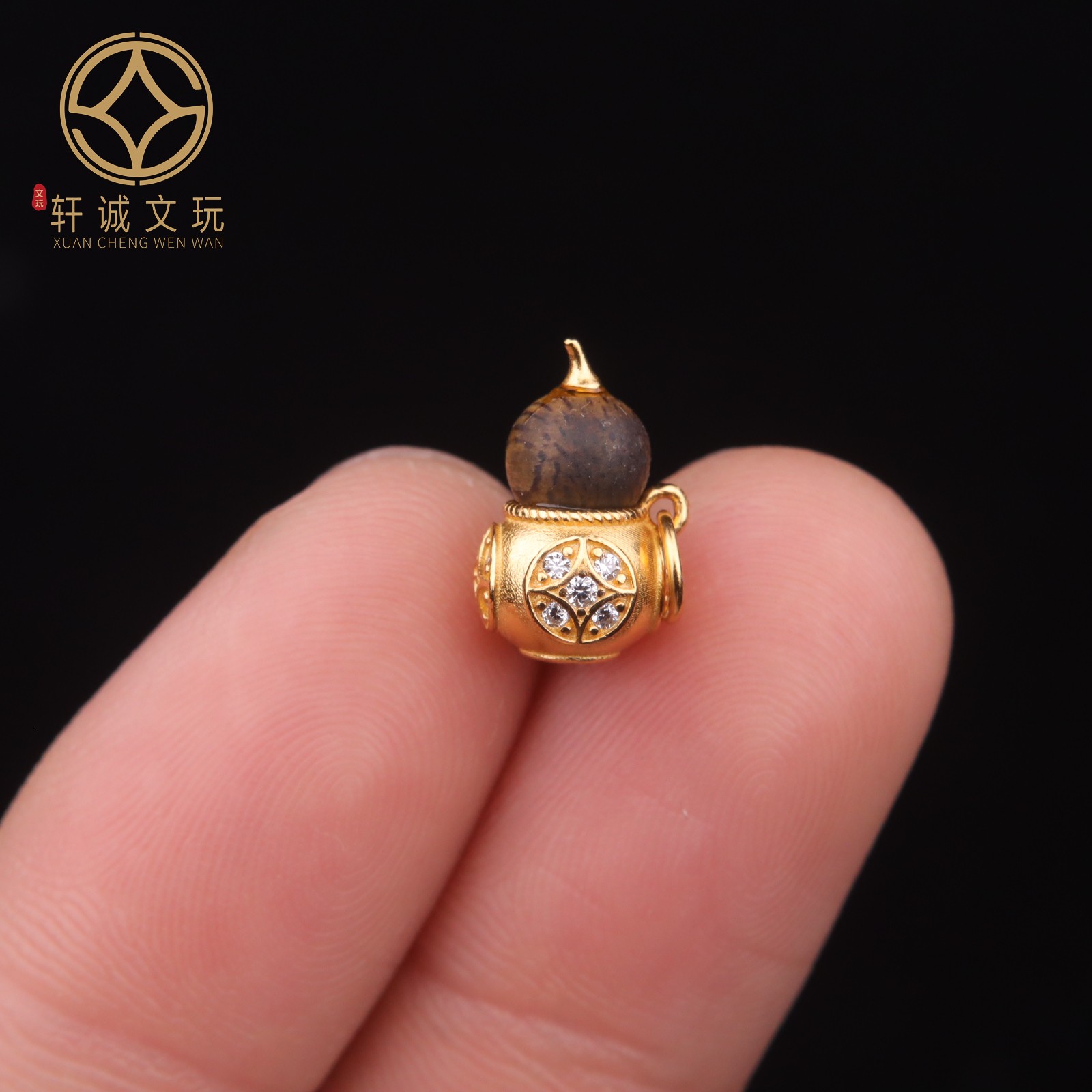 原创S925银镀金葫芦镶嵌天然沉香木无事牌桶珠散珠DIY配珠吊坠