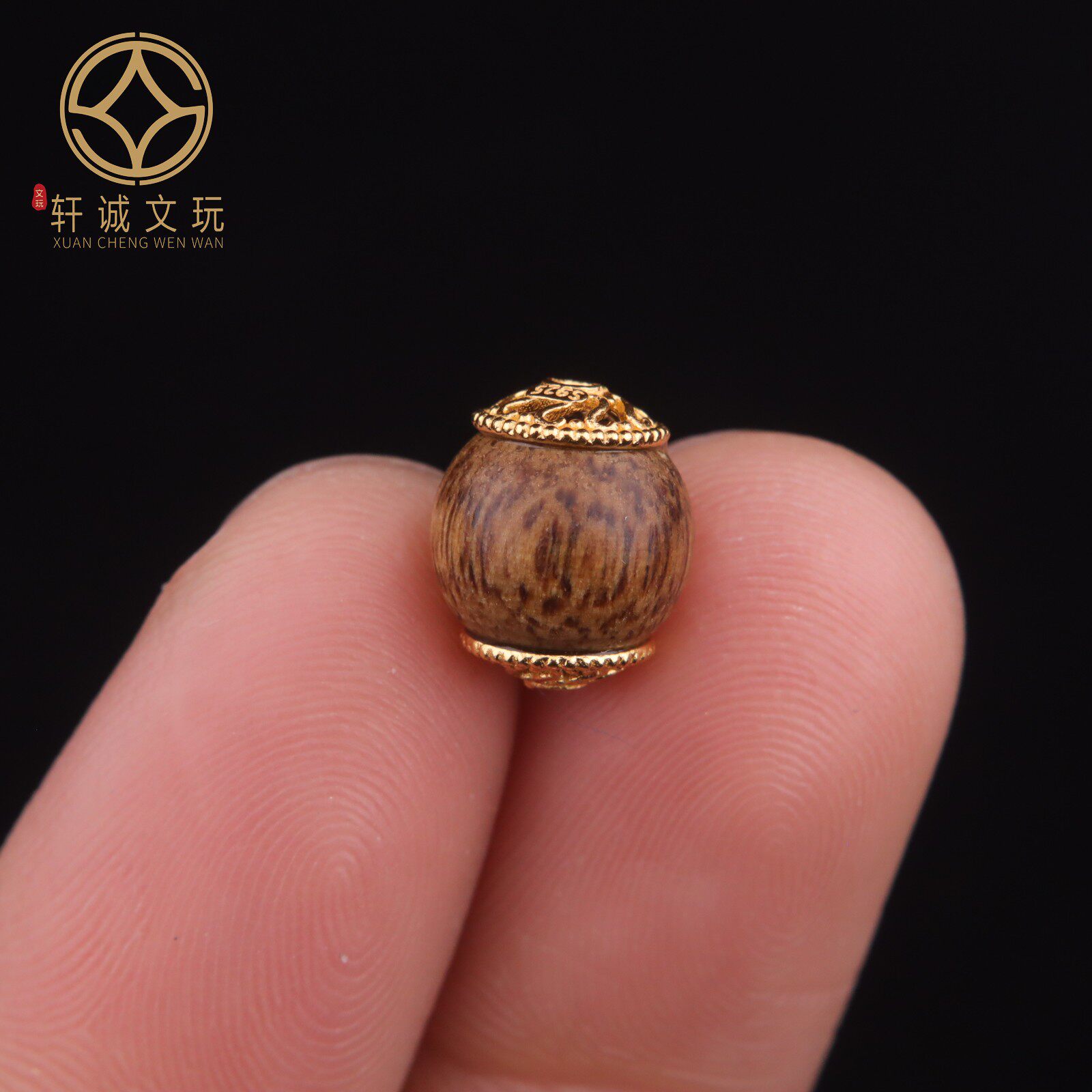 原创S925银镀金天然沉香木聚财咒镶嵌老型桶珠散珠DIY手串链配饰