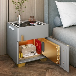 智能床头柜保险柜一体实木多功能床边柜带灯家用轻奢小型保险箱