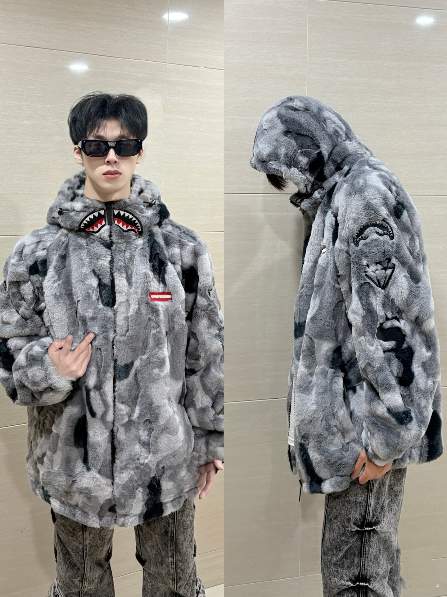 鲨鱼嘴2025新款毛绒棉服外套男女同款连帽保暖高领拼接棉衣情侣潮
