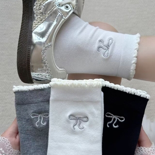2025秋冬蝴蝶结泡泡口花边袜子女透气吸汗防臭袜中筒女袜百搭袜子