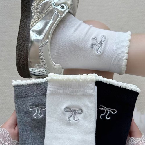 2025秋冬蝴蝶结泡泡口花边袜子女透气吸汗防臭袜中筒女袜百搭袜子